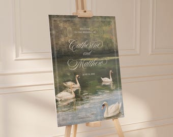Swan Wedding Welcome Sign Decor, Instant Download, Vintage Garden Wedding Signage, Old Glam Romantic Swan Painted Artwork 030