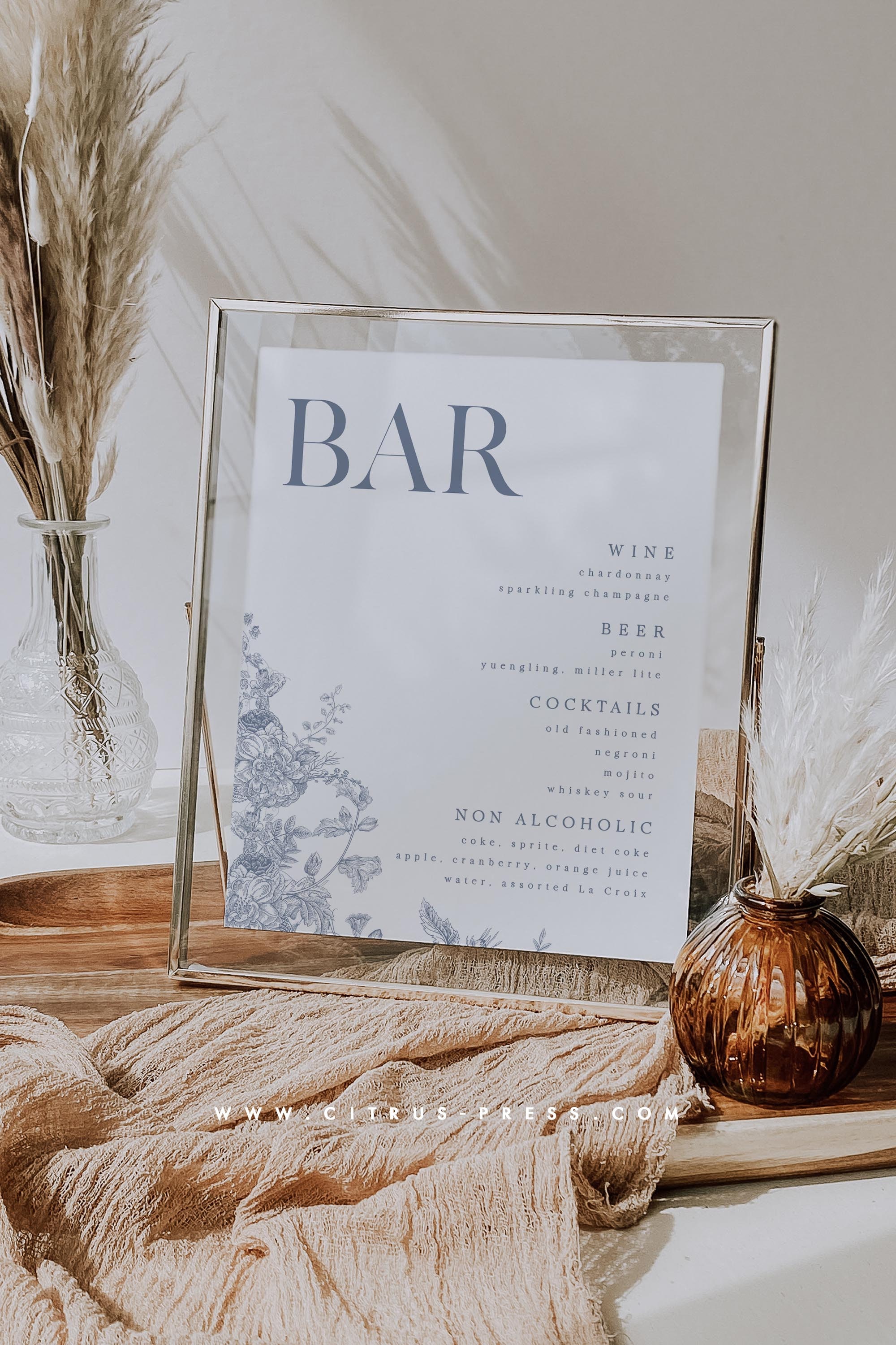 Vintage Floral Bar Sign, Wedding Reception, French Roses Bar Signage, Digital Download, Printable Editable Template 020