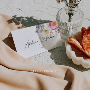 Tarjetas de lugar florales de primavera, recepción de boda, tarjeta de lugar plegada, tarjeta de lugar plano, descarga digital, plantilla editable e imprimible, Corjl 017