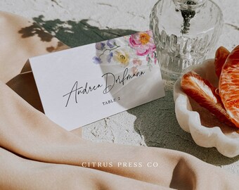 Spring Floral Place Cards, Wedding Reception, Folded Place Card, Flat Place Card, Digital Download, Editable, Printable Template, Corjl 017