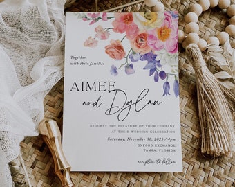 Spring Floral Bloom Wedding Invitation, Wilf Flower Invite, Field Flowers Wedding Template, Printable Instant Download 017