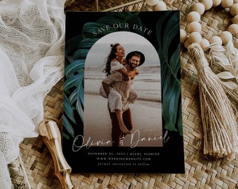 Dark Moody Tropical Photo Save the Date, Arch Curve Engagement Photo, Beach Palm Leaves, DIY Self Editable Template, Printable Corjl 001