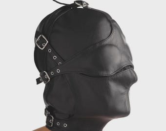 Genuine Leather Hood Mask | Full Head Cover Mask | Adjustable Fit | Custom Size | Removable Blindfold and Muzzle | Halloween Hood Mask