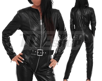 Womens Genuine Black Leather Jumpsuit with Belt Sleek Full Body Catsuit Custom Tailored