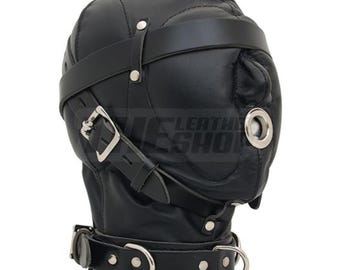 Gepolsterte Leder-Sensorikhaube mit integriertem Halskragen, handgefertigte Vollgesichtsmaske