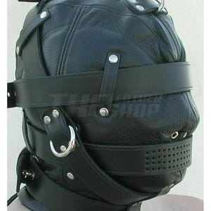 Handgefertigte Lederkopfmaske, maßgefertigte sensorische Cosplay-Kapuze, atmungsaktives Maskendesign Bild 1