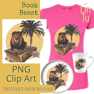 Clipart de Bestia de Libro / Descarga Instantánea / Clip Art de León y Literatura / PNG Transparente / Arte Imprimible / Arte Mural Fantástico / Arte Digital