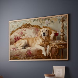 Royal Golden Retriever Print, Golden Retriever Laying on Couch Print, Victorian Golden Retriever Decor, Regal Golden Retriever Gift