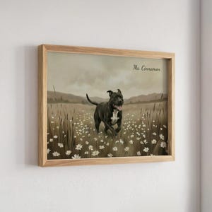 Cuadro de pitbull negro corriendo, vintage, rústico, feliz, negro, staffordshire, pitbull terrier, perro, con parche blanco en el pecho, arte de pared