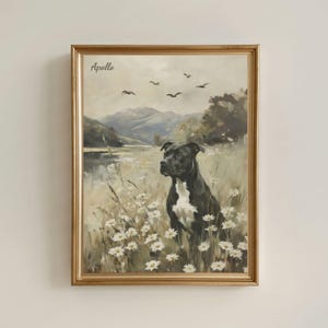 Black Pitty With White Chest Patch Painting Wall Art Vintage Black American Staffordshire Pit Bull Dog  Black Pitbull Gift Personalized Name