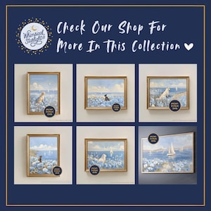 May include: Collection of framed art prints featuring dogs in a coastal setting with blue and white flowers. Each print has a gold frame and the text "NON TOXIC INK". The text "Check Our Shop For More In This Collection" is at the top.