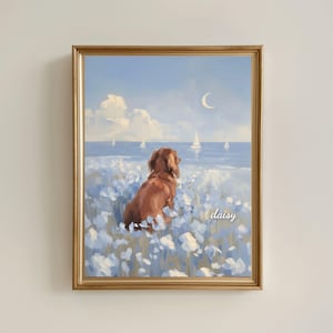 Art mural maison de plage teckel poil long rouge, vue mer sur l'océan en mémoire de l'acajou Doxie saucisse Weenie chien cadeau commémoratif nom personnalisé