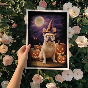Stampa di Halloween con motivo Bulldog Francese Bianco per mamma Bulldog Francese Crema, regalo di Halloween per costume da mago magico e malvagio Jack-O'-Lantern.