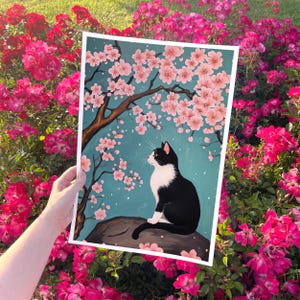 Tuxedo Cat Frühling Leinwanddruck - Rosa Kirschblüten Wandkunst, Türkis Blaue Sakura Blumen Druck, Aqua Minze Lebendige Farben Kunstwerk