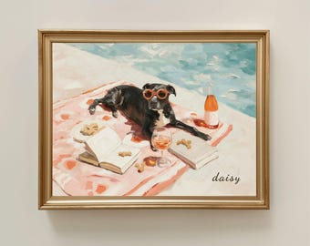 Black Pitbull With White Chest Patch Wall Art Black Pittie Print American Staffordshire Pit Bull Terrier Dog Drink Wine By Pool Painting