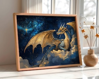 Milky Way Galaxy Dragon Wall Art Painting Blue Gold Celestial