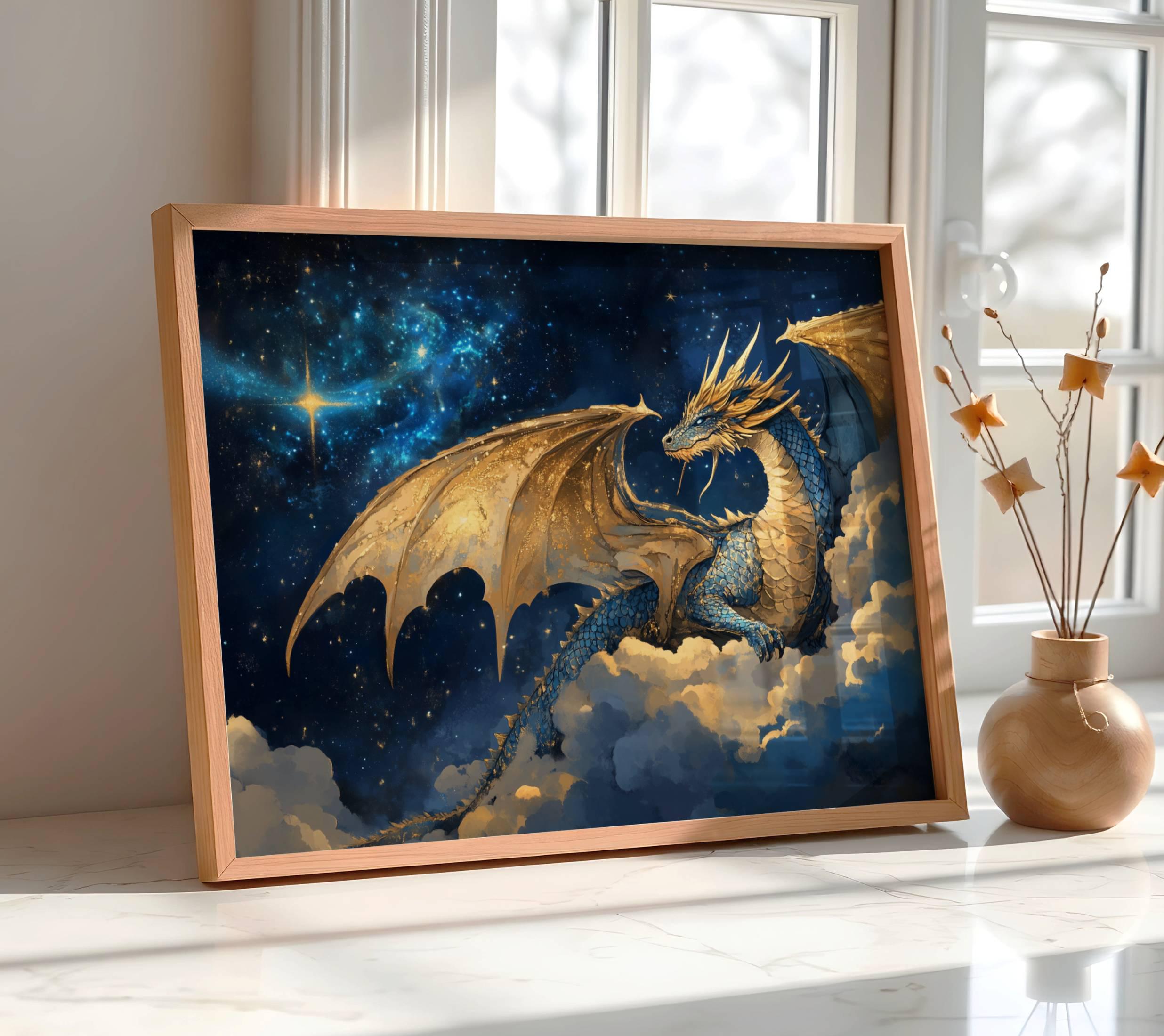 Milky Way Galaxy Dragon Wall Art Painting Blue Gold Celestial