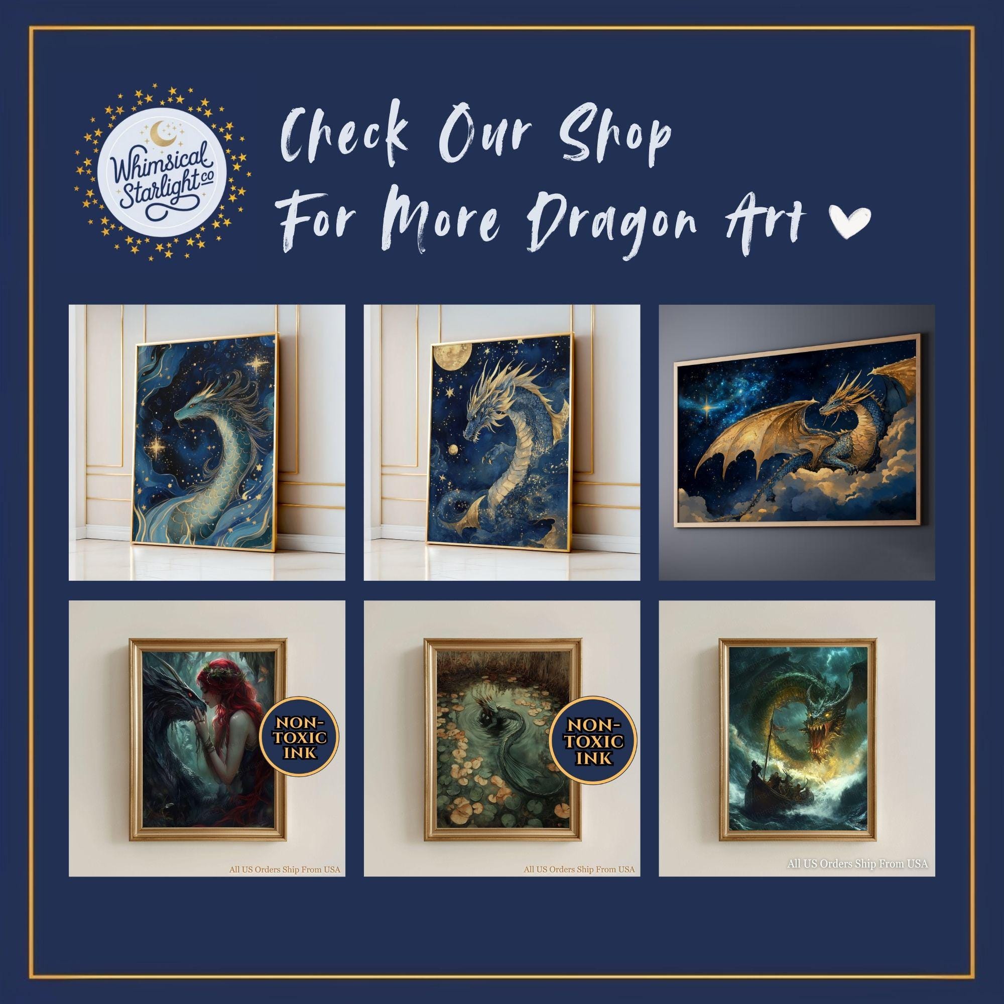 Milky Way Galaxy Dragon Wall Art Painting Blue Gold Celestial