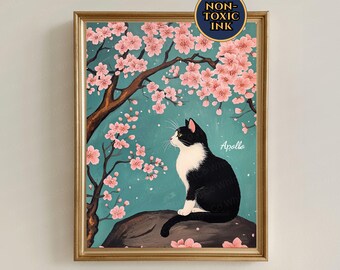 Spring Tuxedo Cat Canvas Painting Print <3 Cherry Blossom Tuxedo Cat Wall Art Tuxedo Cat Gift For Tuxedo Cat Mom Gift For Tuxedo Cat Dad
