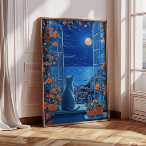 Russisch Blau Katze am offenen Fenster Wand Kunst Poster, Niedlichen Russisch Blau Druck, Beste Russisch Blau Mutter aller Zeiten Geschenk, Russisch Blau Erinnerungskunst