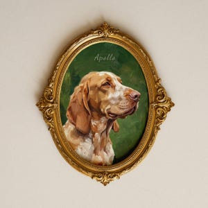 Oranje-witte ticked Bretagne Spaniel portret schilderij muurkunst voor circulaire ovale gouden lijst Epagneul Bretonse Brit cadeau gepersonaliseerde naam
