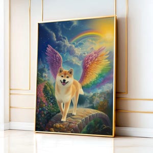 Arte de pared de un Shiba Inu rojo cruzando el puente del arcoíris, impresión de un perro Shiba Inu rojo con alas de ángel, obra conmemorativa de un Shiba Inu rojo.