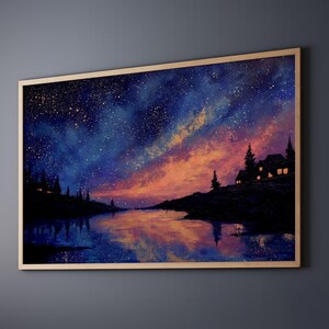 Aurora Leinwanddruck - Sternennacht, leuchtende Abendstimmung, lebendiges Milkyway Poster, friedliche, Sternen erleuchtete Flussansicht