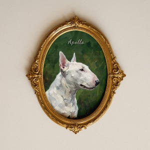 Weißer Bullterrier-Porträtmalerei-Wandkunst, für runde ovale Goldrahmen, glücklicher englischer Eierkopf-Wedgekopfhund Geschenk personalisierter Name