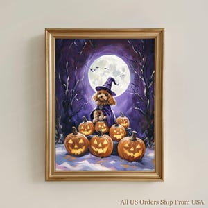 May include: A framed Halloween painting featuring a small dog in a witch hat and cape, perched on carved pumpkins. A full moon, bats, and trees are in the background. The painting is set in a gold frame.