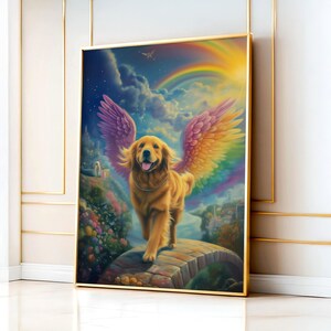 Golden Retriever Crossing The Rainbow Bridge, Dark Golden Retriever met engelenvleugels, gepersonaliseerd Golden Retriever Memorial-kunstwerkcadeau