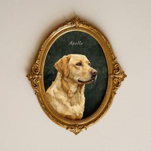 Puede incluir: Un marco dorado ovalado y ornamentado que contiene el retrato de un labrador retriever amarillo sobre un fondo oscuro y texturizado. El nombre Apollo está escrito en letras blancas sobre la cabeza del perro. El marco tiene detalles intrincados.