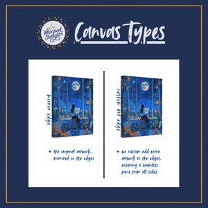 May include: An image showcasing two canvas art prints, each depicting a nighttime scene with a person painting by a window. Text explains "mirror edge" and "custom art edge" options, detailing how the artwork is handled on the edges.