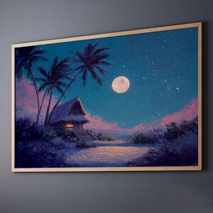 Galaxy Tiki Hut, stravagante parete blu viola, orizzontale, lavanda rosa, rifugio caraibico da sogno, palme tropicali, dipinto zen