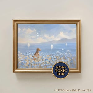 May include: A framed painting depicts a dog gazing at sailboats on a serene blue sea under a cloudy sky with a crescent moon. The foreground features blue flowers. The painting is in a gold frame. The image includes a "NON-TOXIC INK" seal.
