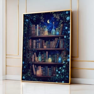 Libreria botanica di mezzanotte, stampa artistica da parete per biblioteca notturna celeste, poster di pozione incantata, regalo per amanti dei libri, decorazione per biblioteca domestica