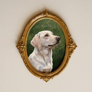 Puede incluir: Retrato ovalado con marco dorado de un Labrador Retriever blanco llamado Apolo. El perro está pintado sobre un fondo verde. El marco tiene detalles ornamentados y está montado en una pared blanca.