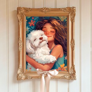 Bichon Frise und Mädchen umarmen Wandkunst, Bichon Frise Druck, personalisierte Bichon Frise Gedenkgeschenke, niedliches Bichon Frise Kunstwerk vorhanden