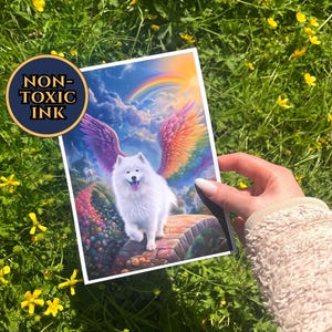 Samoyed Crossing The Rainbow Bridge Wall Art, Samoyed Dog With Angel Wings Print, Personalized Samoyed Memorial Artwork Gift