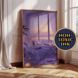 May include: A framed print with a gold border depicts a serene bedroom scene. The image features a bed with purple bedding, a large window with sheer curtains, and a view of a sunset over the ocean. The print has a "NON-TOXIC INK" label.