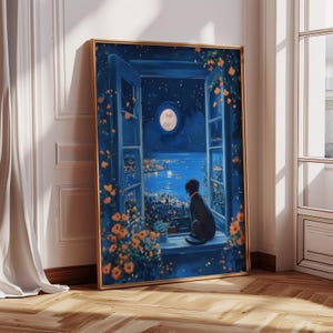 Schwarzer Labrador, der nachts aus dem Fenster schaut, Druck, Vollmond-Küstenmeerblick, schwarzer Labrador-Hundevater Geschenk, schwarzer Labrador-Gedenk-Andenken