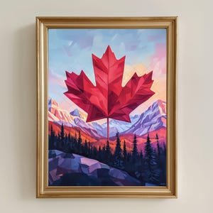 Puede incluir: Impresión artística enmarcada que presenta una gran hoja de arce roja estilizada sobre un fondo de montañas y un cielo de atardecer. La obra de arte está enmarcada en un marco dorado, añadiendo un toque de elegancia.