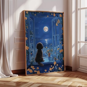 Arte commemorativa del barboncino nero, arte murale con scarabocchi neri a forma di luna piena, dipinto di Cavapoo nero, regalo di barboncino nano nero, arte di barboncino standard nero