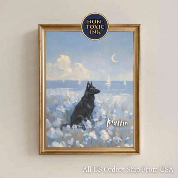 Black German Shepherd Dog Gift Personalized Name Black GSD Painting Pastel Sky Light Blue Cottagecore Sea Shore Poster Customizable Print