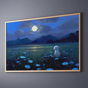 May include: A framed painting shows a tranquil night scene. A white dog stands in a field of blue flowers under a full moon. Mountains and dark clouds fill the background, creating a peaceful, dreamlike atmosphere.