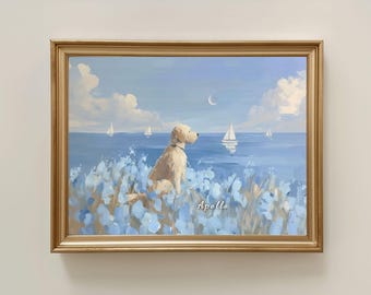 May include: A framed painting depicts a golden retriever dog gazing at sailboats on a blue ocean under a cloudy sky. The dog is surrounded by blue flowers. The painting is signed "Apollo".
