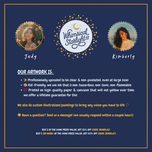 May include: A navy blue graphic featuring two portraits, the text "Whimsical Starlight co", and details about the artwork. The artwork is professionally upscaled, kid-friendly, and printed on high-quality paper. The image also includes the names Judy and Kimberly.