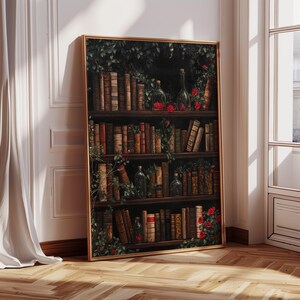 Róże Półka na książki Sztuka ścienna - Bookish Dark Academia Prints, Romantyczna gotycka grafika na półkę na książki, Prezent dla miłośnika książek w stylu dark fantasy