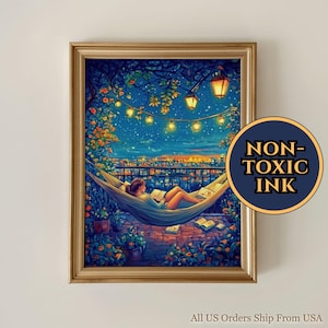 Girl Reading Book On Balcony Hammock Watercolor Print, Dreamy Bookish Wall Art, Starry Sky Patio Scene, Cozy Warm Summer Night Home Decor