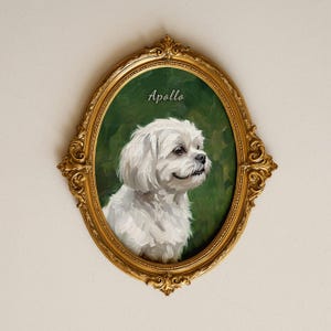 May include: An oval portrait painting of a white dog with fluffy fur against a dark green background, featuring the name Apollo in white script. The artwork is encased in an ornate, metallic gold frame with intricate scrollwork detailing.