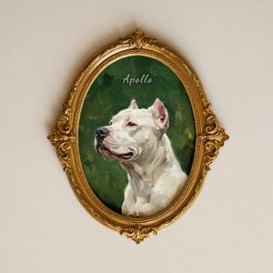White Pitbull Portrait Painting Wall Art In Circular Oval Gold Frame, Straight Perked Crop Ears White Pitty Pittie Dog Gift Personalize Name
